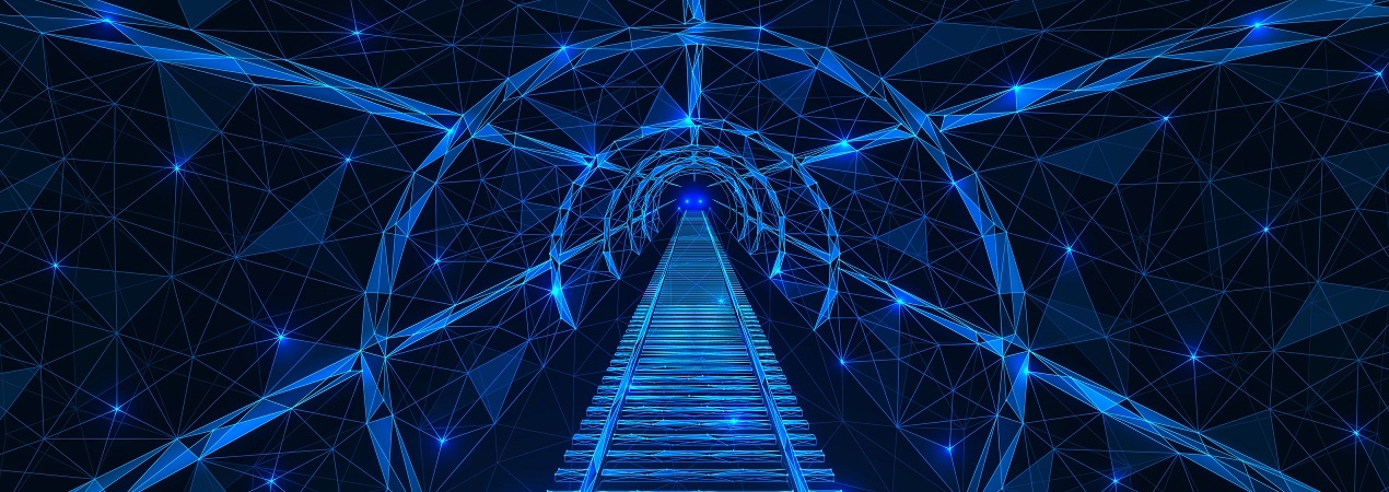 Túnel de tren digital azul brillante con estilo futurista y diseño de red.