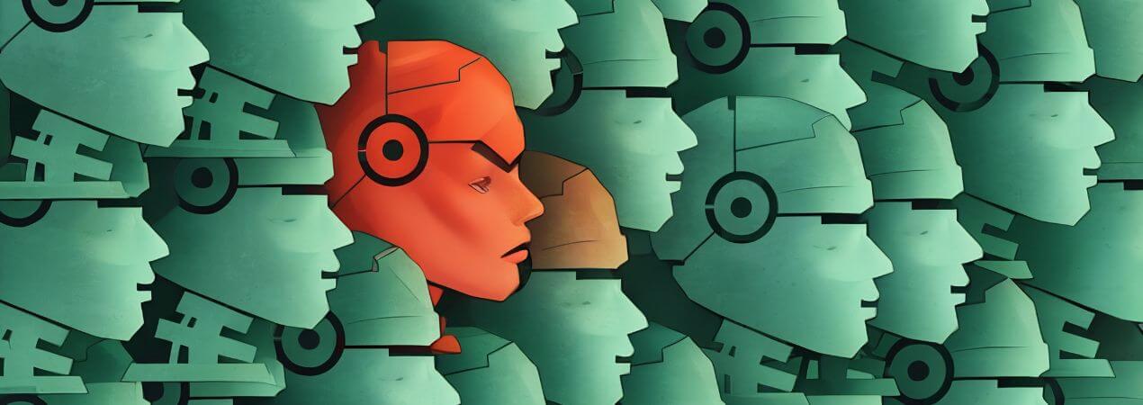 cabezas roja de robot entre cabezas de robot verdes como representación del fenómeno workslop en la IA