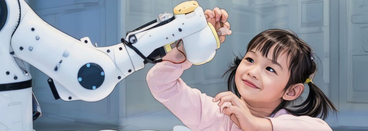 niña tocando un brazo robotico