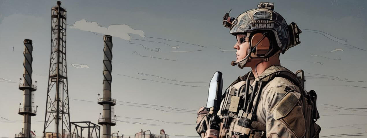 militar con torres de fábrica detras