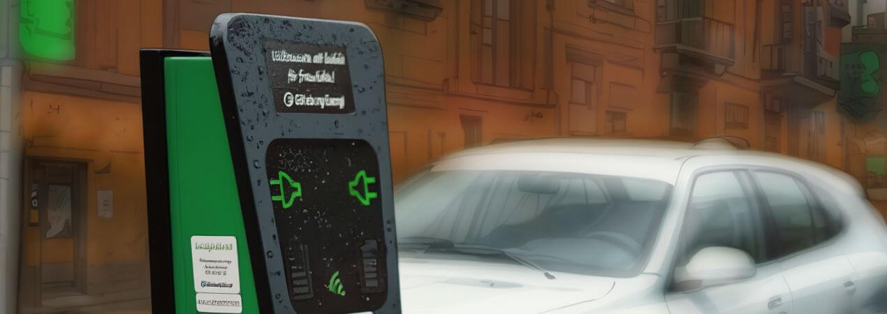 Carga bidireccional de coche eléctrico en una calle con un coche de fondo