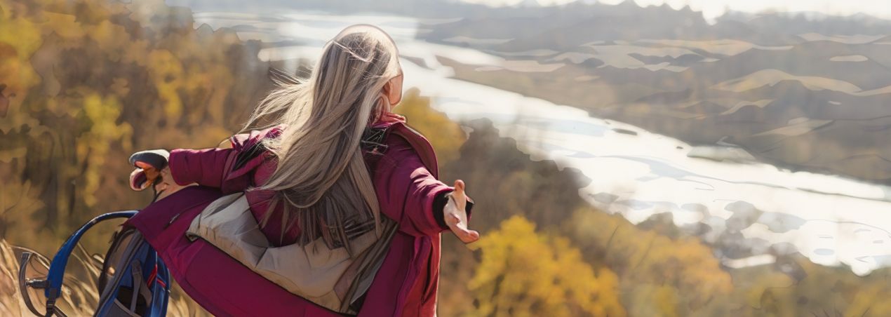 mujer con pelo blanco frente a un paisaje
